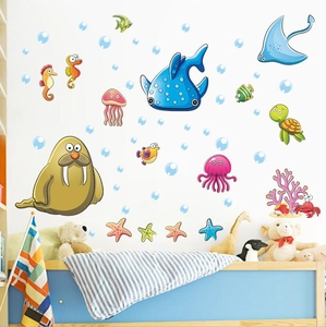 Cartoon ocean world wall stickers with seals and sharks for nursery and kids room decor