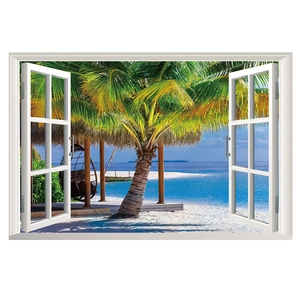 Tropical beach 3D window wall sticker with palm trees and ocean view home decor