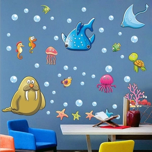 Cute cartoon sea creature wall decals for kids' bedrooms with whales and turtles