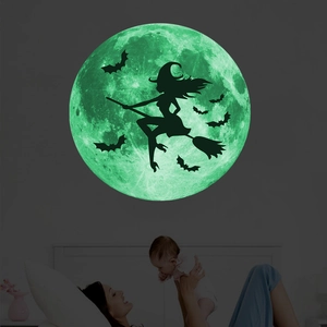 Luminous Moon Wall Sticker With Witch And Bats Glow In The Dark PVC Wall Decal For Halloween Kids Room Home Decor Sticker