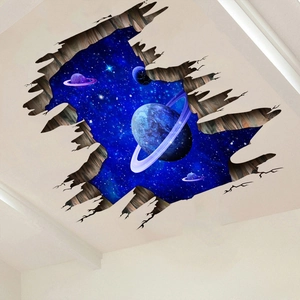 Adesivo murale 3D dettagliato con galassia profonda e un pianeta con anelli blu