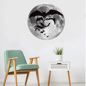 Luminous moon wall sticker set with black bat silhouettes for creative home decoration