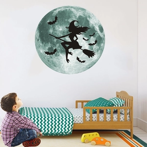 Luminous Halloween wall sticker with witch on broom, full moon and bats for kids room decoration
