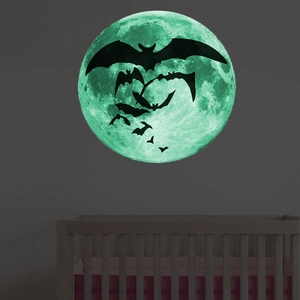 Luminous full moon wall sticker with black bat silhouettes for Halloween bedroom decor