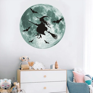 Luminous Halloween wall decal featuring a witch and bats silhouette on a glowing moon