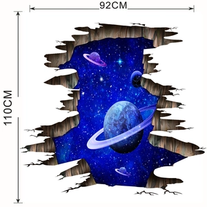 Adesivo murale 3D galassia con pianeta blu attraverso effetto muro rotto e dimensioni