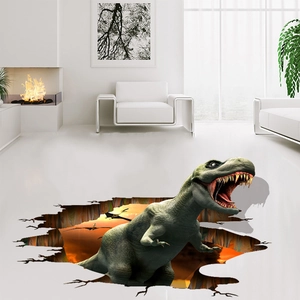 Close-up of 3D T-Rex floor sticker with roaring dinosaur effect for modern living rooms