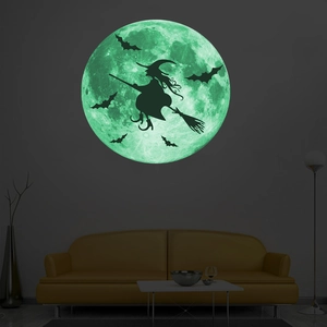 Glow in the dark Halloween wall sticker featuring a witch silhouette on a luminous moon