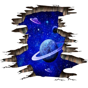 Adesivo da parete 3D effetto muro rotto con galassia cosmica e pianeta blu