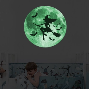 Luminous Halloween wall sticker showing a glowing moon with witch and bats silhouette