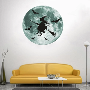 Luminous Halloween wall decal featuring a moon, flying witch silhouette, and bats decor