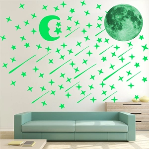 Green glow in the dark stars and moon wall stickers set for bedroom decoration