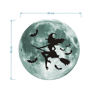 Glow-in-the-dark moon wall sticker with witch and bats silhouette, 30cm diameter detail