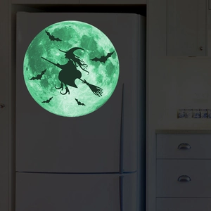 Luminous Halloween wall sticker featuring a witch and bats silhouette on a glowing moon