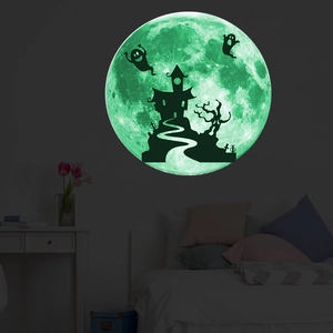 Luminous Halloween wall sticker featuring a haunted castle and ghost on a glowing moon