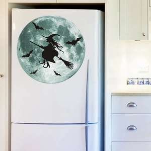 Luminous Halloween wall sticker featuring a witch and bat silhouette on a full moon