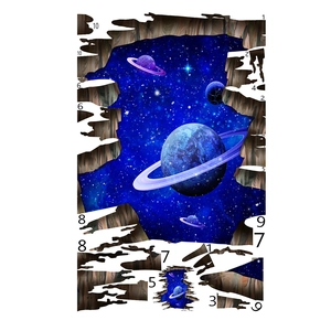 Dettaglio dell'adesivo murale 3D galassia con pianeta viola ed effetto visivo spaziale