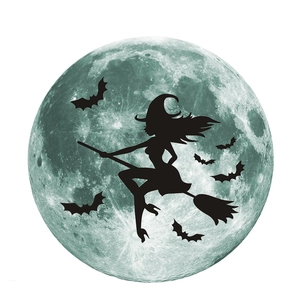Luminous Halloween wall sticker set with glowing moon, witch silhouette and bats