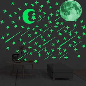 Luminous wall stickers set showing realistic full moon and stars glowing in the dark