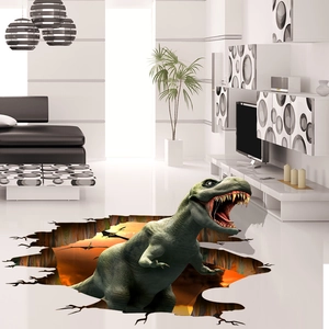 3D realistic roaring green T-Rex dinosaur wall sticker with breaking ground effect