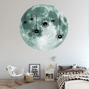 Sticker mural lune lumineuse avec silhouettes d'araignées pour chambre d'enfant