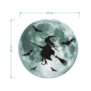 Luminous Halloween wall sticker showing 30cm moon with witch and bats silhouettes