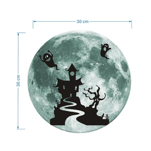 Detailed view of a 30cm luminous moon wall sticker with Halloween castle silhouette