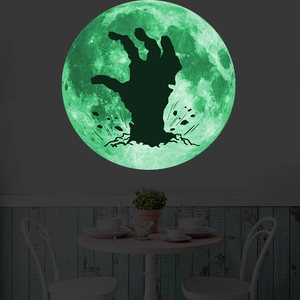 Luminous Halloween wall sticker featuring green glowing moon with a zombie hand silhouette