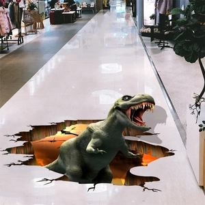3D breaking floor dinosaur wall sticker with T-Rex and realistic lava effect for decor