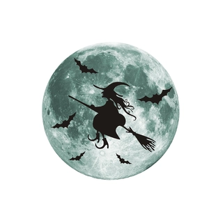 Luminous Halloween wall sticker featuring a moon, flying witch, and black bats set