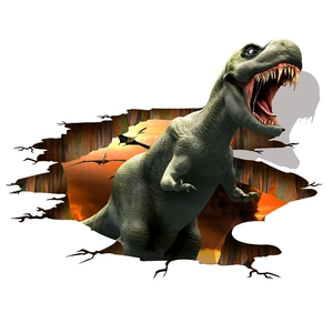 3D realistic dinosaur wall decal featuring a T-Rex breaking through the wall for kids room