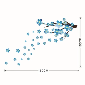 Detailed size specifications for blue plum flower wall decal measuring 150cm by 100cm