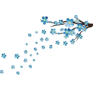 Detail of blue plum blossom wall sticker featuring brown branch and falling petals