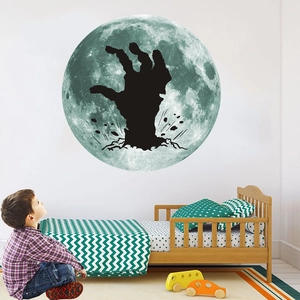 Luminous moon wall sticker with zombie hand silhouette for Halloween room decor