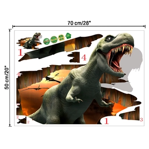 Detailed 3D dinosaur wall sticker layout with T-Rex and Pterosaurs in 70x50cm size