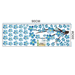 Detail layout of blue plum blossom wall stickers with 90x30cm sheet size specifications