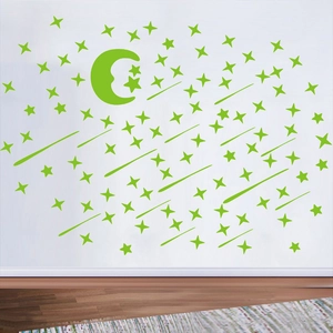 Luminous moon with stars and shooting stars wall stickers on white bedroom wall