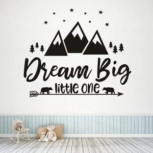 Black Dream Big vinyl wall sticker with mountains, forest, and bear for kids nursery decor