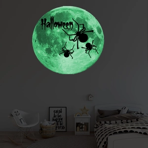 Luminous Halloween moon wall sticker with spiders and glowing green Halloween text