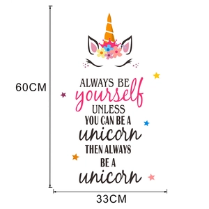 Detail view of unicorn wall sticker with floral patterns and motivational quote