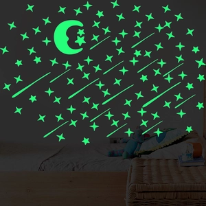 Detailed view of luminous green moon and stars wall stickers glowing in a dark bedroom