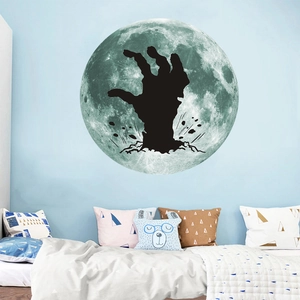 Luminous Halloween moon wall sticker with zombie silhouette in a modern bedroom interior