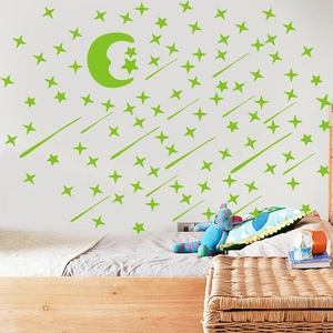 Detailed view of luminous green moon and stars wall stickers for bedroom decoration