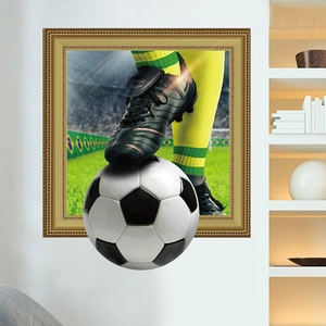 Detailed 3D soccer wall sticker featuring a realistic football shoe and golden relief frame