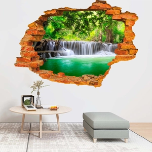 3D broken wall decal featuring a lush green forest waterfall in a modern living room