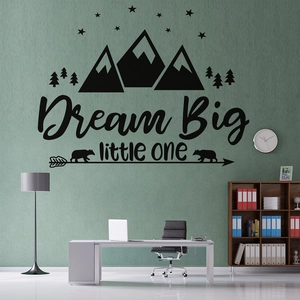 Detail of Dream Big Little One wall decal with black mountain and forest bear silhouettes
