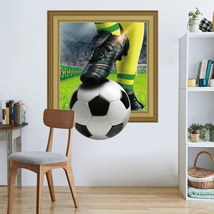 Detailed 3D soccer wall sticker featuring a football shoe on field in a golden frame