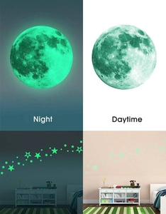 Glow in the dark moon and stars wall stickers set for bedroom in day and night view