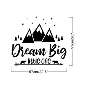 Detail view of Dream Big Little One vinyl wall sticker with mountain and bear design