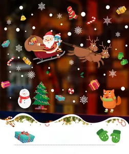 Detail showing Santa Claus sleigh and colorful cartoon Christmas window sticker decals